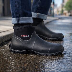 Hisea  Black Rubber Ankle Rain Boots Waterproof Slip Resistant